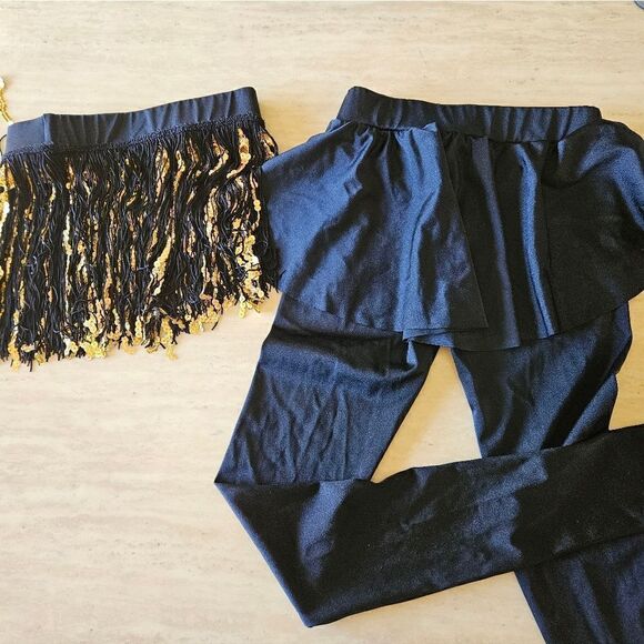 Weissman two piece dance pants with skirt child small NWOT jazz tap black gold - Picture 3 of 6